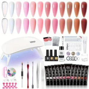 Nail Extension Gel Kit with 30ml Slip Solution, 12-Color Poly Nail Gel Polish Set with Base & Matte/Glossy Top Coats, Complete M