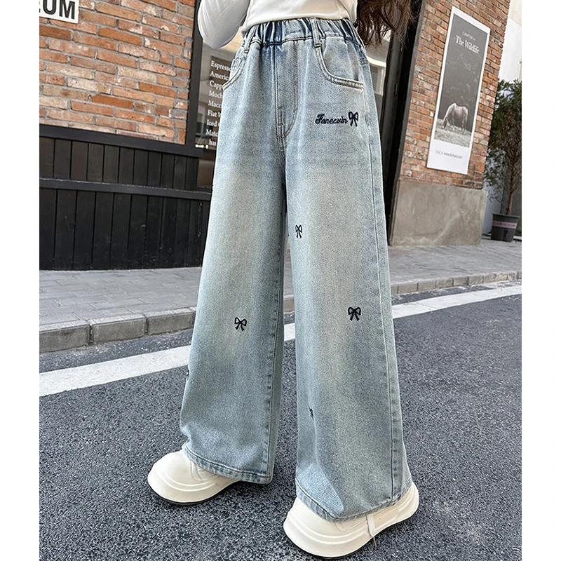 New 4-14 Years Spring Autumn Teenage Girls Jeans Full Print Bow Embroidery Fashion Wide-leg Denim Pants For Kids - Image 2