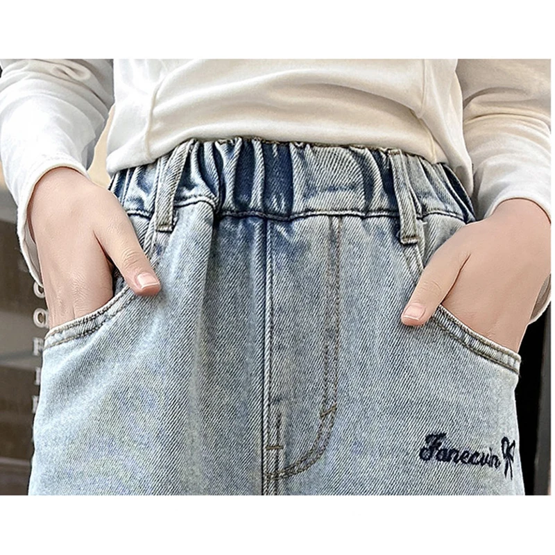 New 4-14 Years Spring Autumn Teenage Girls Jeans Full Print Bow Embroidery Fashion Wide-leg Denim Pants For Kids - Image 4