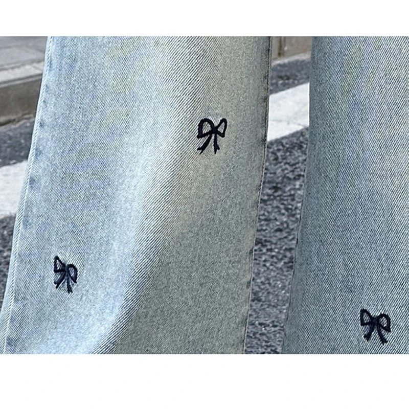 New 4-14 Years Spring Autumn Teenage Girls Jeans Full Print Bow Embroidery Fashion Wide-leg Denim Pants For Kids - Image 5