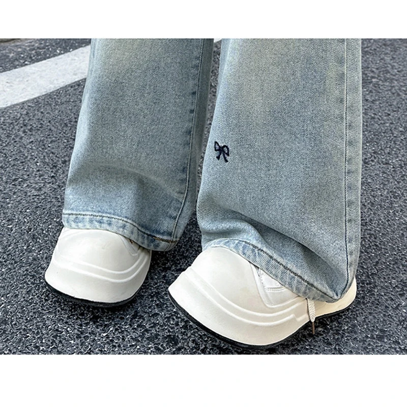 New 4-14 Years Spring Autumn Teenage Girls Jeans Full Print Bow Embroidery Fashion Wide-leg Denim Pants For Kids - Image 6