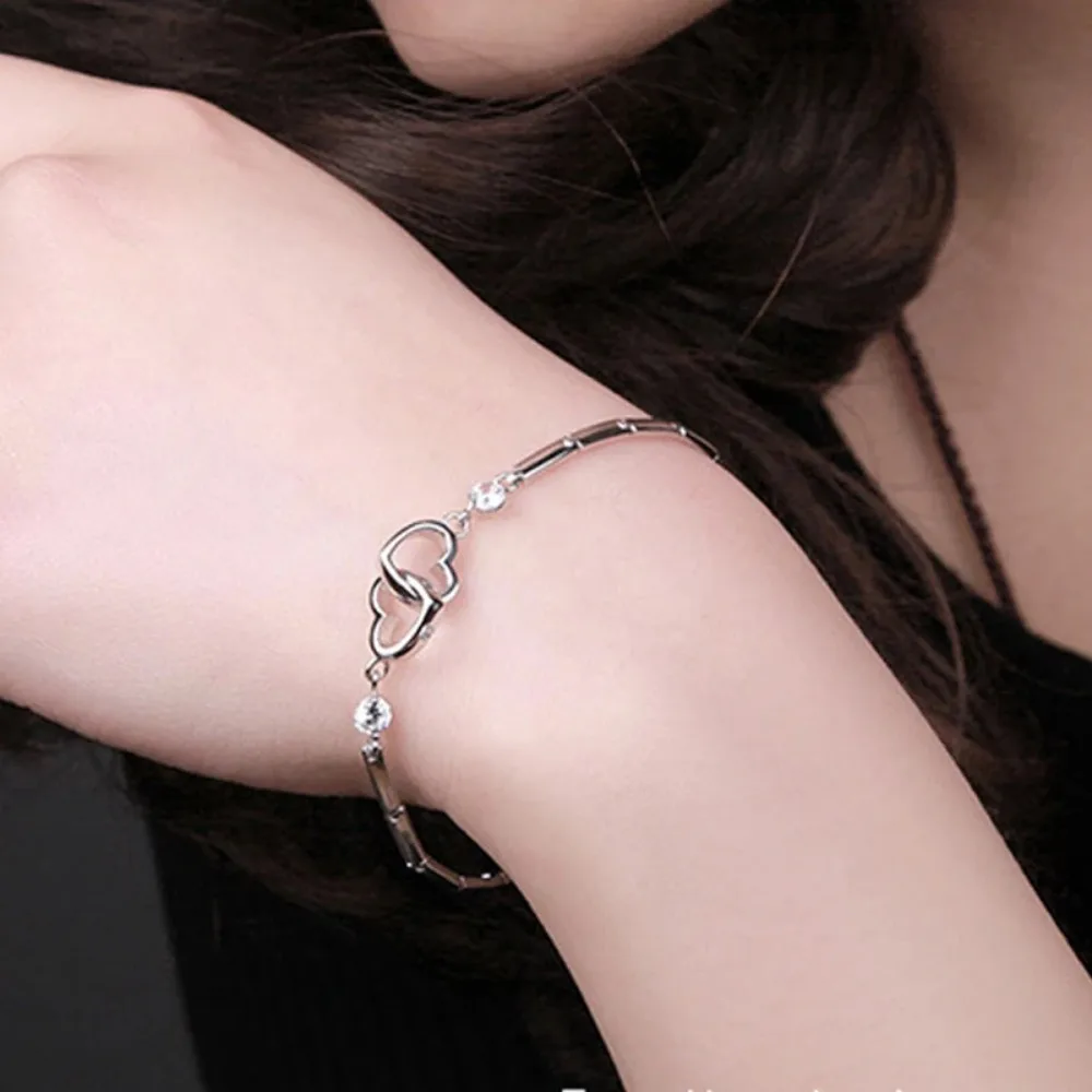 New Charms 925 Sterling Silver Bracelets Bangles for Women Valentine's Days Gift Cubic Zircon Double Heart Bracelet Jewelry - Image 2