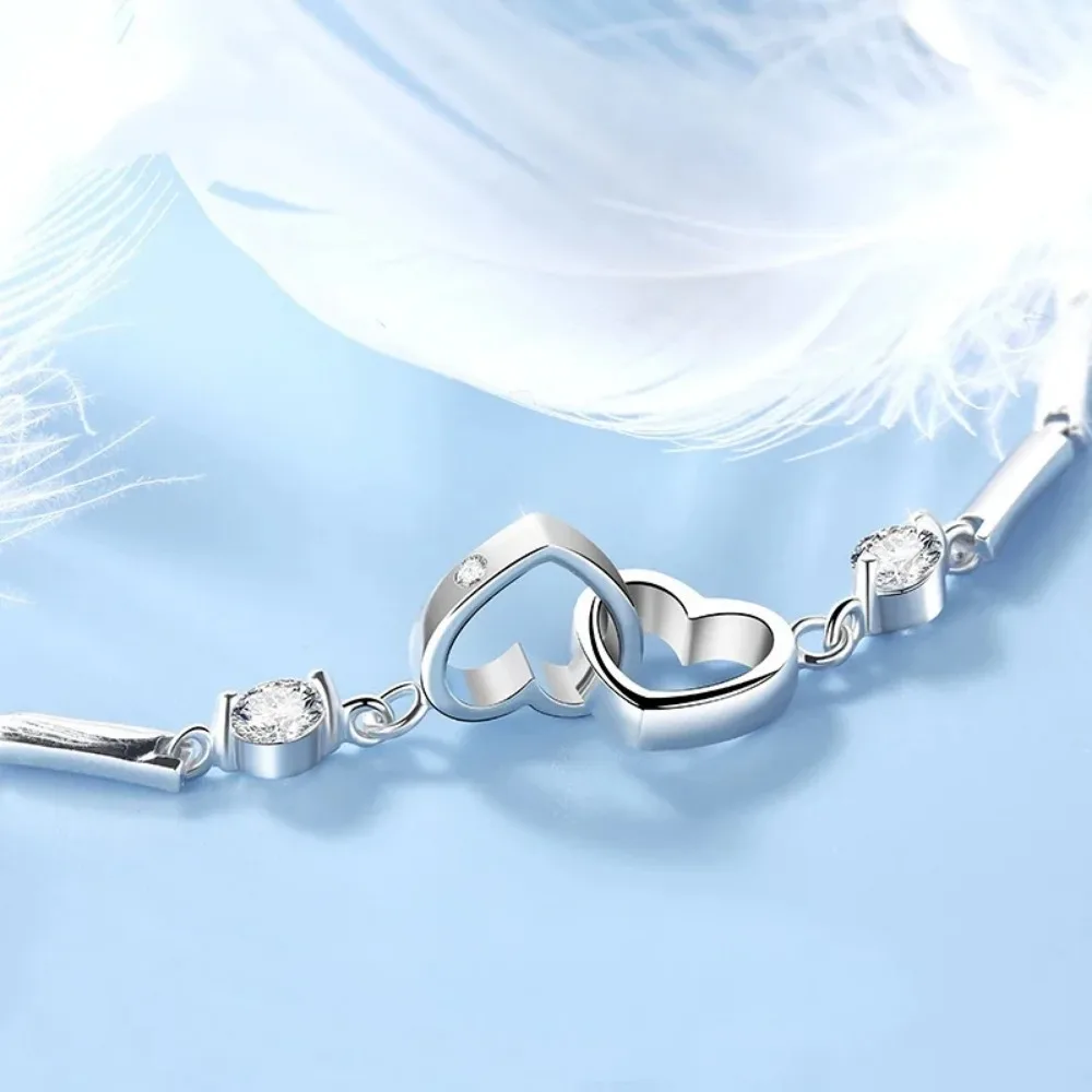 New Charms 925 Sterling Silver Bracelets Bangles for Women Valentine's Days Gift Cubic Zircon Double Heart Bracelet Jewelry - Image 4