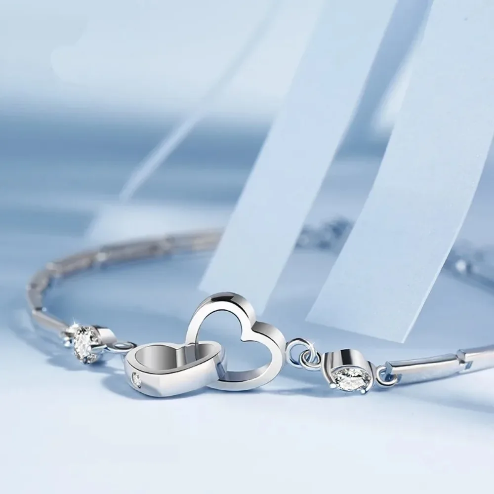 New Charms 925 Sterling Silver Bracelets Bangles for Women Valentine's Days Gift Cubic Zircon Double Heart Bracelet Jewelry - Image 5