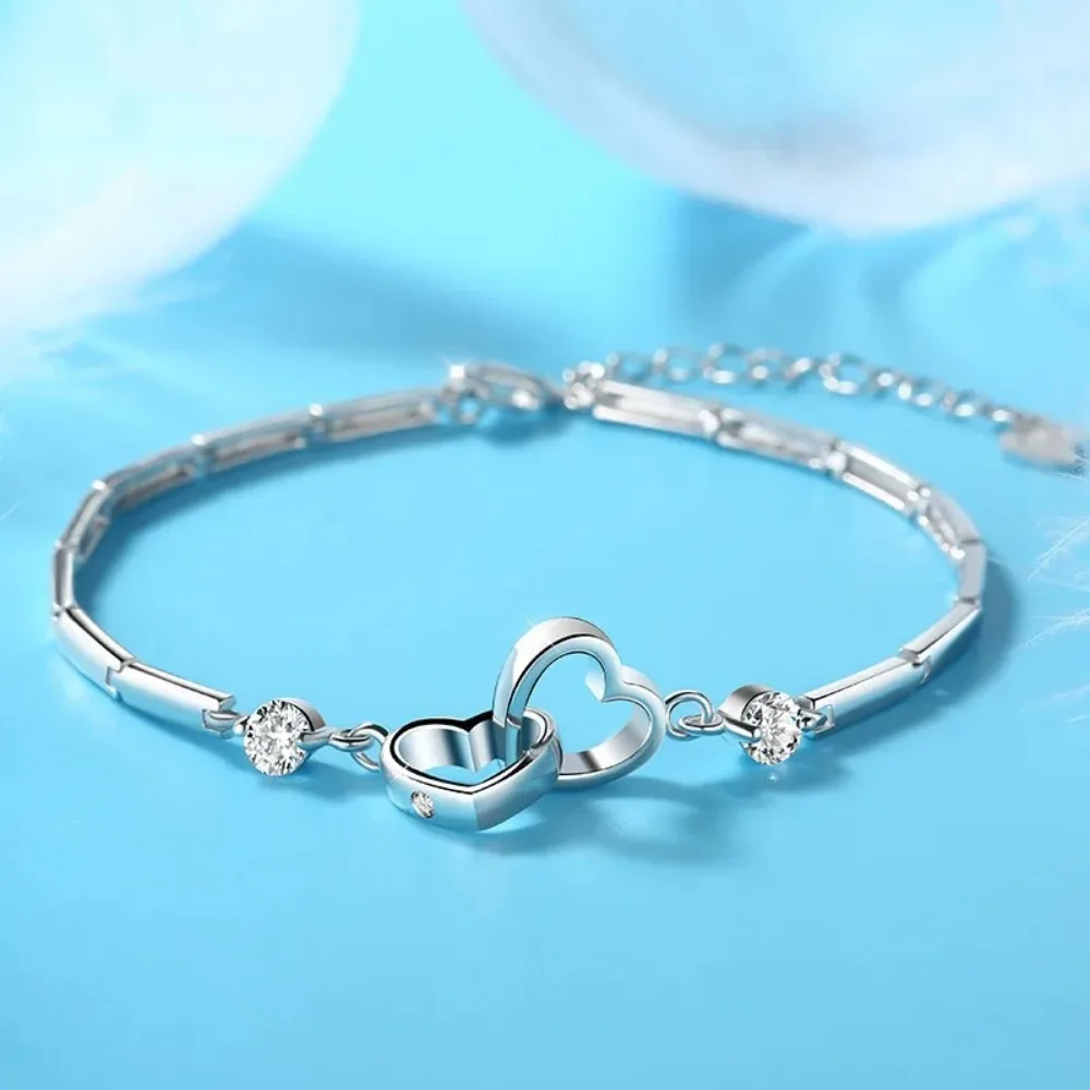 New Charms 925 Sterling Silver Bracelets Bangles for Women Valentine's Days Gift Cubic Zircon Double Heart Bracelet Jewelry - Image 6