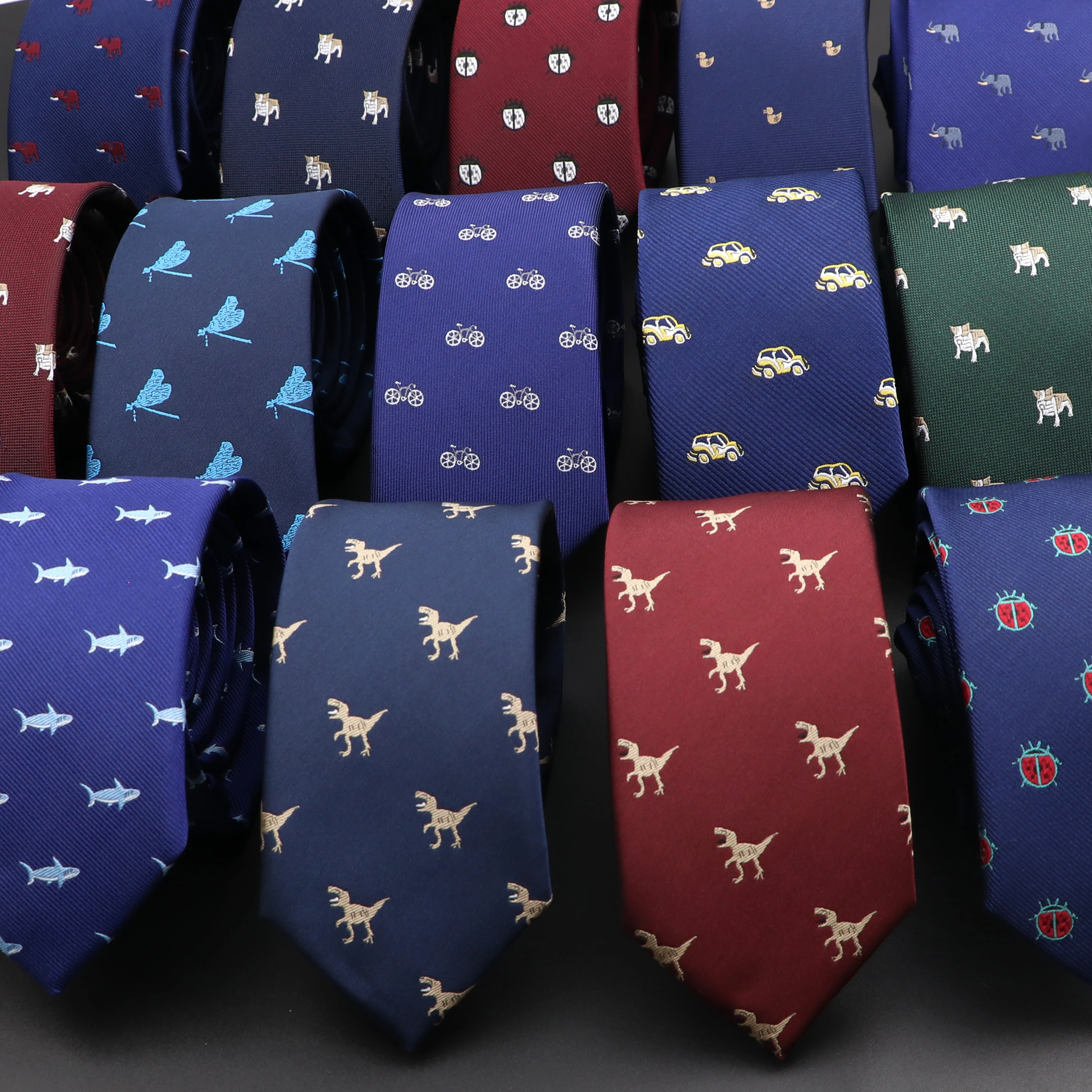 New Men's Casual Ties Dinosaur Insect Pet Pattern Navy Wine Red Polyester Jacquard Ties 6cm Slim Daily Wear Wedding Accessories - Image 2