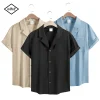 New Mens Short Sleeve T-Shirts Summer Trendy Breathable Loose Youth Basic Cotton Pocket Top Solid Color Stand Up Collar Shirts