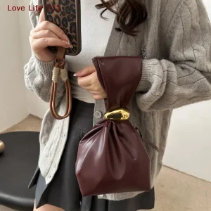 New Personalised PU Soft Leather Clutch Vintage Luxury Designer Women's Pleated Mini Bucket Bag Side Zip Party Evening Bag