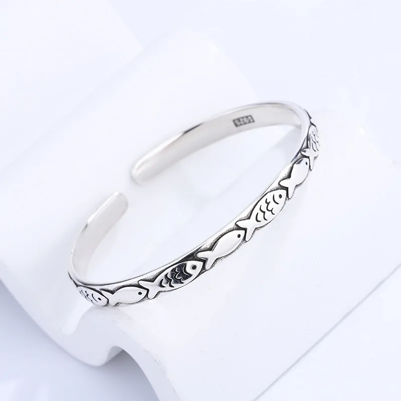 New Retro Female Minority Design Embossed Small Fish Bangle 925 Sterling Silver Simple Ins Personality Animal Opening Bracelets - Image 3