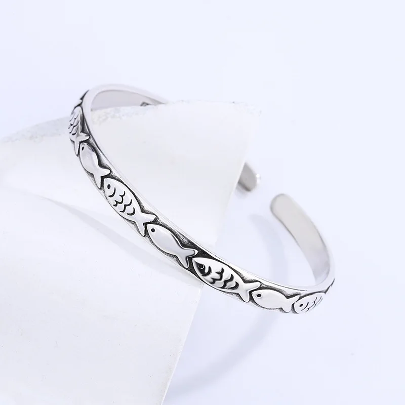 New Retro Female Minority Design Embossed Small Fish Bangle 925 Sterling Silver Simple Ins Personality Animal Opening Bracelets - Image 4