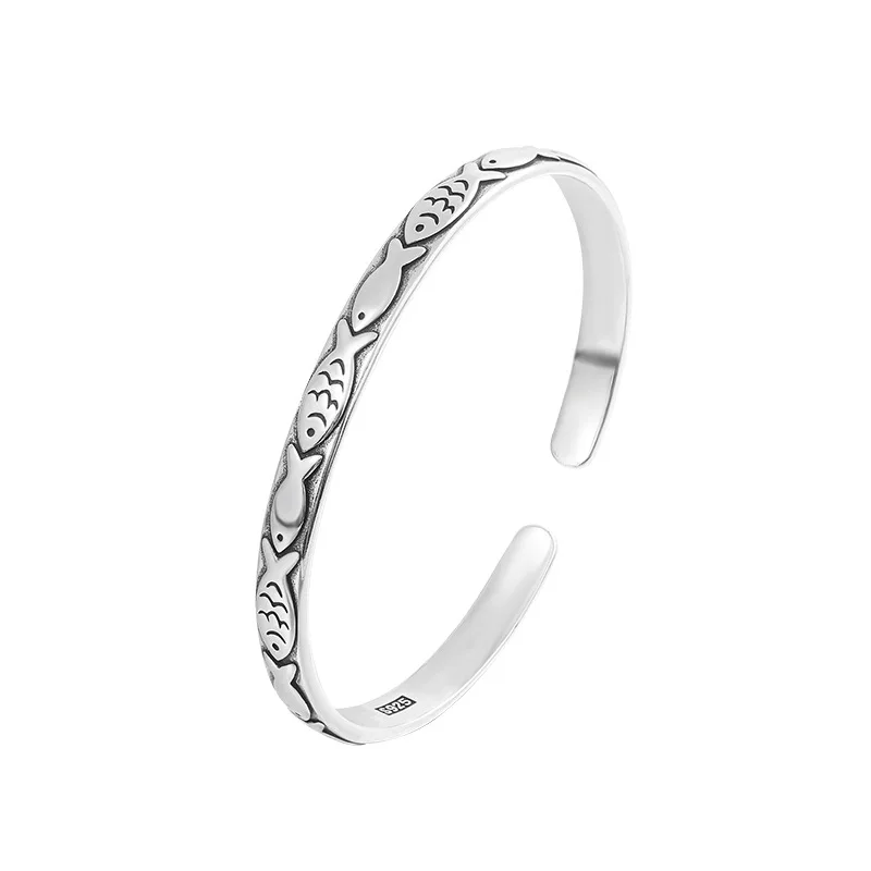 New Retro Female Minority Design Embossed Small Fish Bangle 925 Sterling Silver Simple Ins Personality Animal Opening Bracelets - Image 5