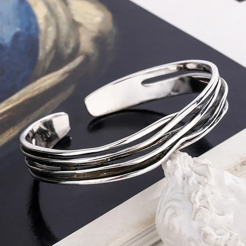 New Retro Wave Braided Bracelets 925 Sterling Silver Jewelry Personality Geometric Exquisite Opening Bangles SL037 - Image 2