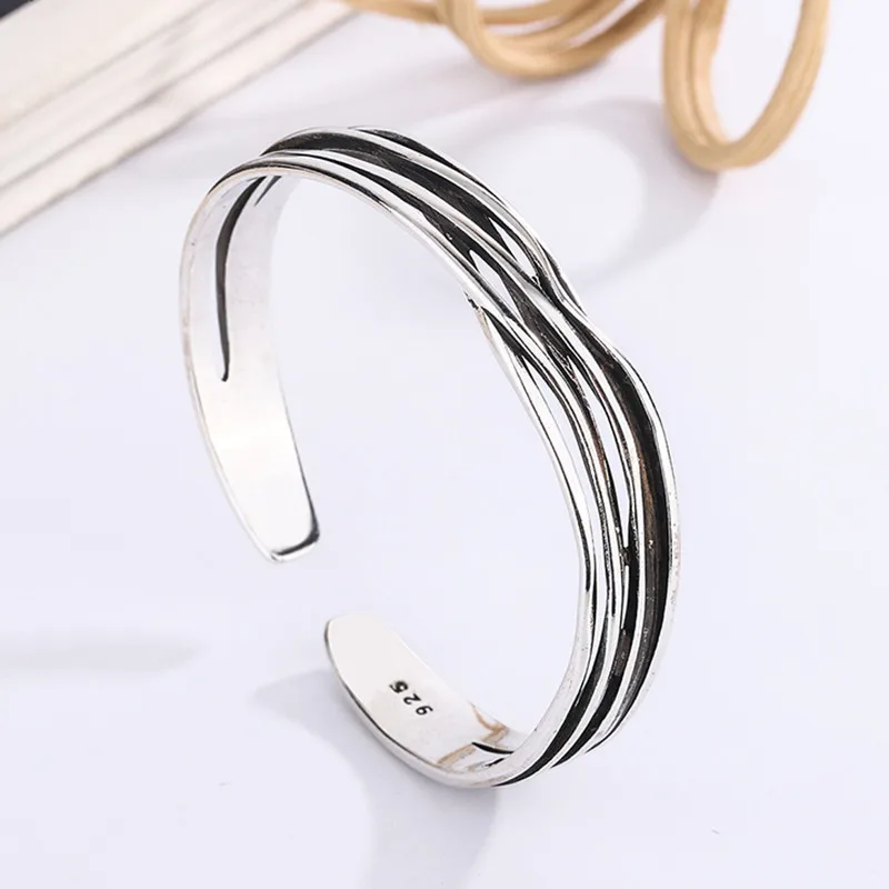 New Retro Wave Braided Bracelets 925 Sterling Silver Jewelry Personality Geometric Exquisite Opening Bangles SL037 - Image 4