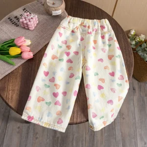 New Spring Autumn Kids Pants coloful heart printed children straight jeans Girls loose denim Trousers