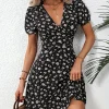 New Summer Women's Elegant Floral Printed Dress Casual Vacation Sweet V Neck Puff Sleeve Dresses