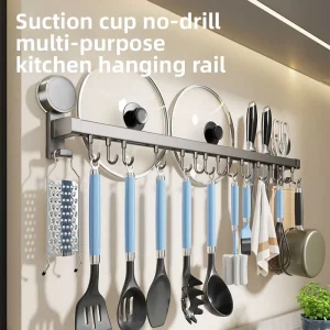 Non perforated wall mounted kitchen pot cover rack, multifunctional storage shelf, cutting board hook integrated household use