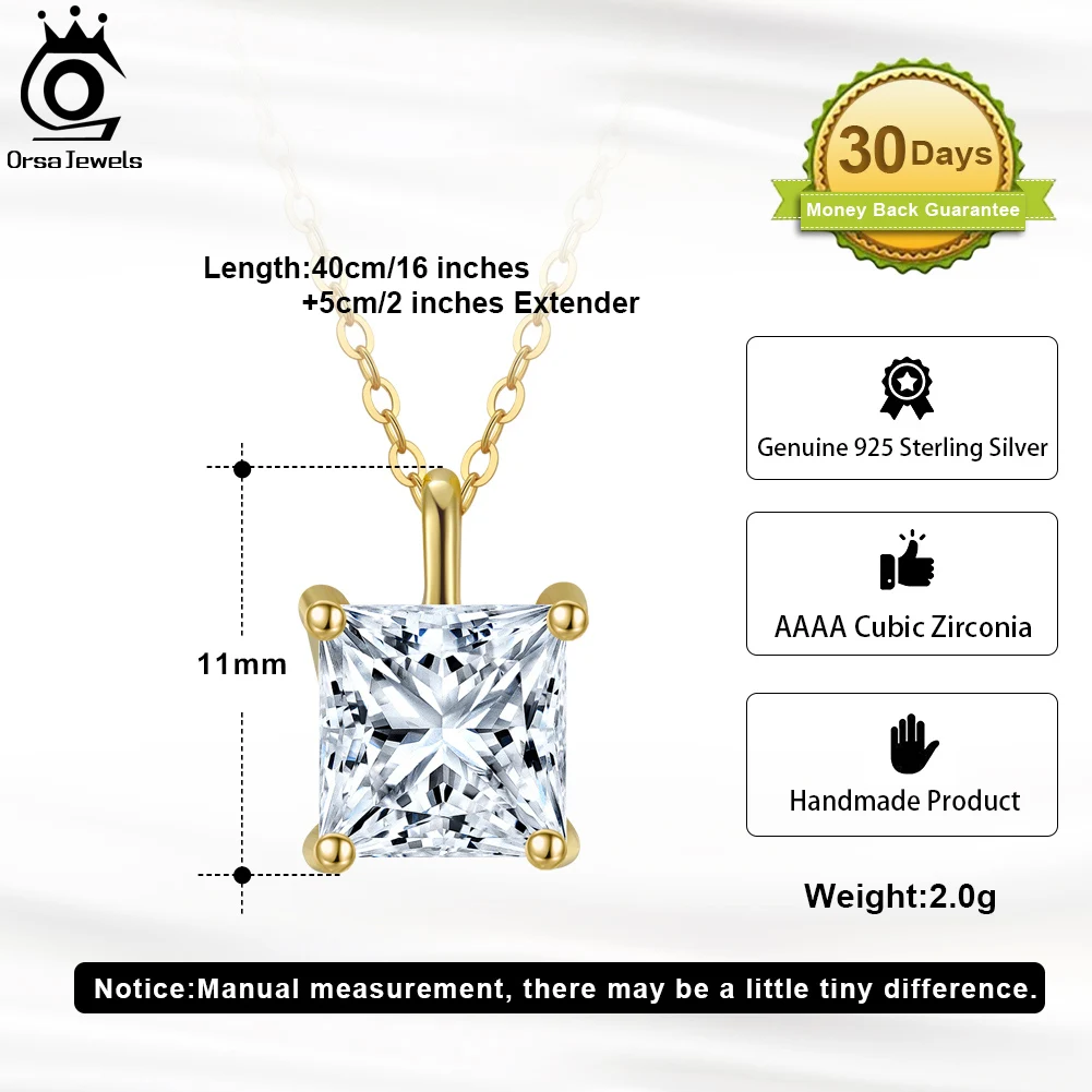 ORSA JEWELS Classic Dainty 925 sterling Silver Princess Cut Solitaire Cubic Zirconia Pendant Necklace for Women Jewelry APN12 - Image 2
