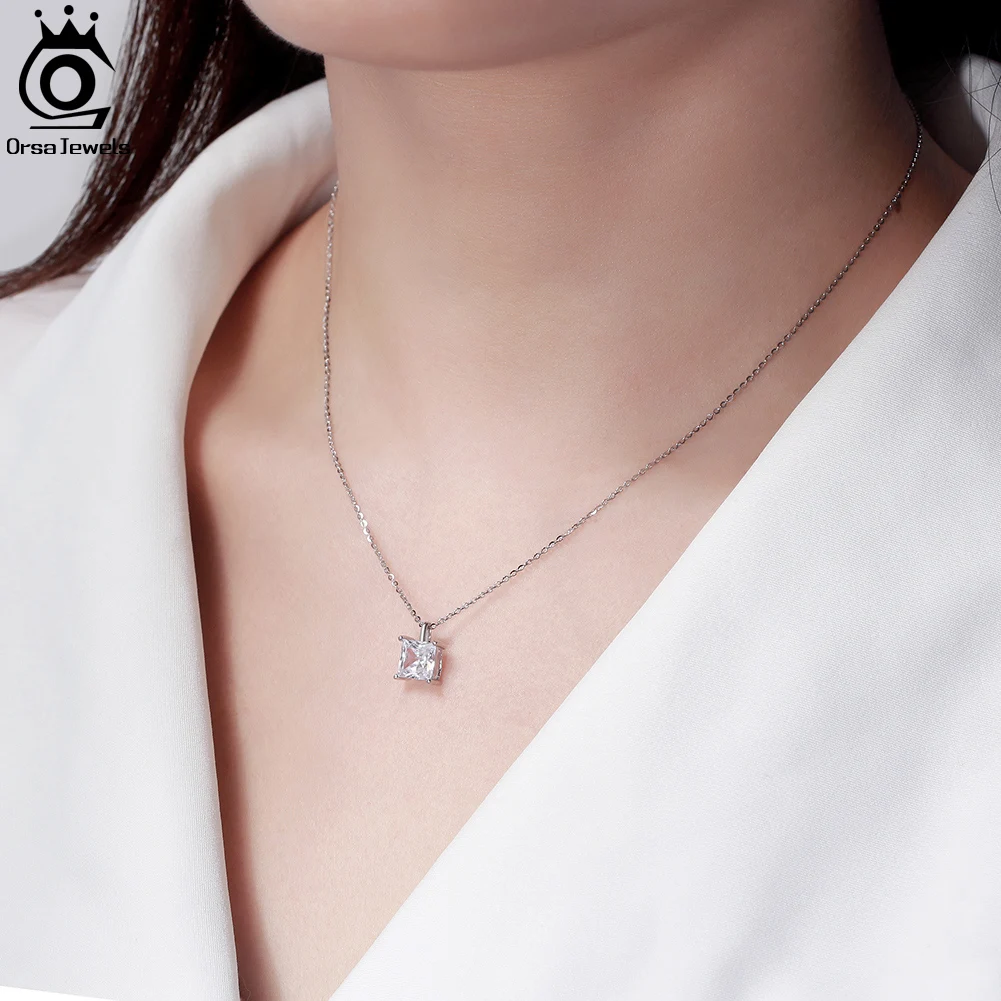 ORSA JEWELS Classic Dainty 925 sterling Silver Princess Cut Solitaire Cubic Zirconia Pendant Necklace for Women Jewelry APN12 - Image 5