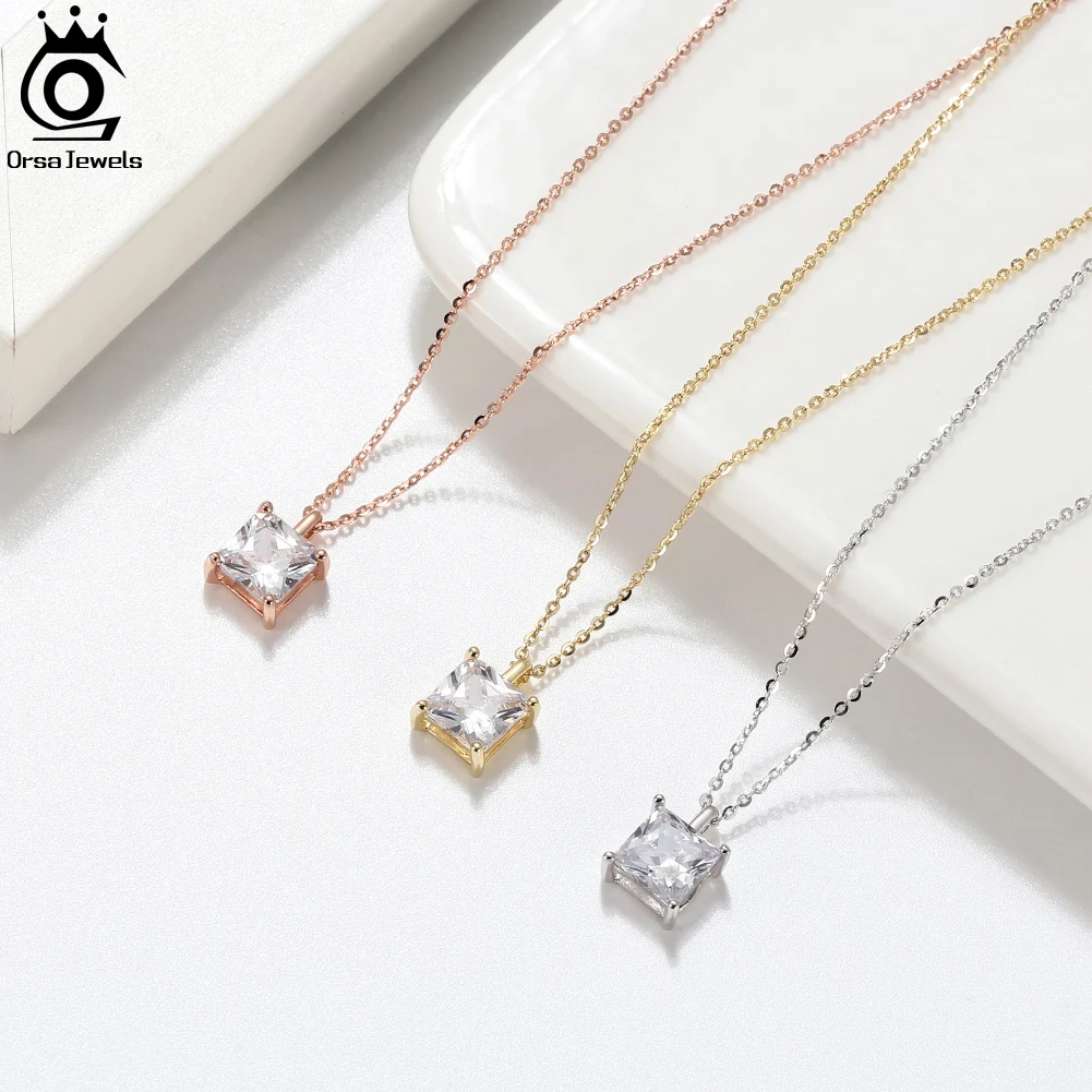ORSA JEWELS Classic Dainty 925 sterling Silver Princess Cut Solitaire Cubic Zirconia Pendant Necklace for Women Jewelry APN12 - Image 3