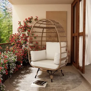 Outdoor 360° Swivel Egg Chair with Cushions, Indoor Outdoor Wicker Egg Basket Lounge Chair for Patio Porch Living Room, Oversize