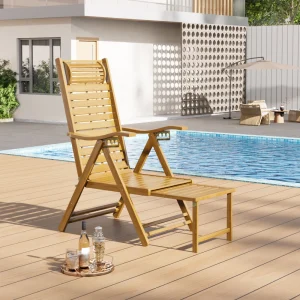 Outdoor Garden Patio Folding Bamboo Lounge Chair Sun Lounger with Retractable Footrest Step