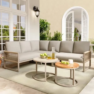 Outdoor garden lounge set, furniture set for 6-7 people, adjustable legs, includes all seat and back cushions, beige