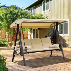 Outsunny 3 Seater Garden Swing Chair Outdoor Hammock Bench W/ Adjustable Canopy, Cushions and Cup Trays