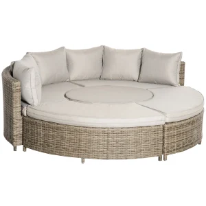 Outsunny 5 Pieces Outdoor PE Rattan Round Garden Daybed with Cushions, Aluminium Patio Furniture Set Lounge Chair Sofa Set