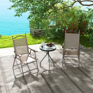 Outsunny Folding Chairs Set of 2, Garden Chair with Armrest, Breathable Mesh Seat, Mixed Brown