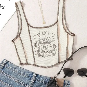 Plant Print Graphic Tank Top for Women Summer 2025 Y2K Clothes Grunge Sleeveless Square Neck Crop Top Streetwear