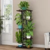 Plant Stand, Indoor Metal Flower Shelf With Wooden Reinforced Base, Anti Slip Corner Tall Flower Holders For Patio Living Room