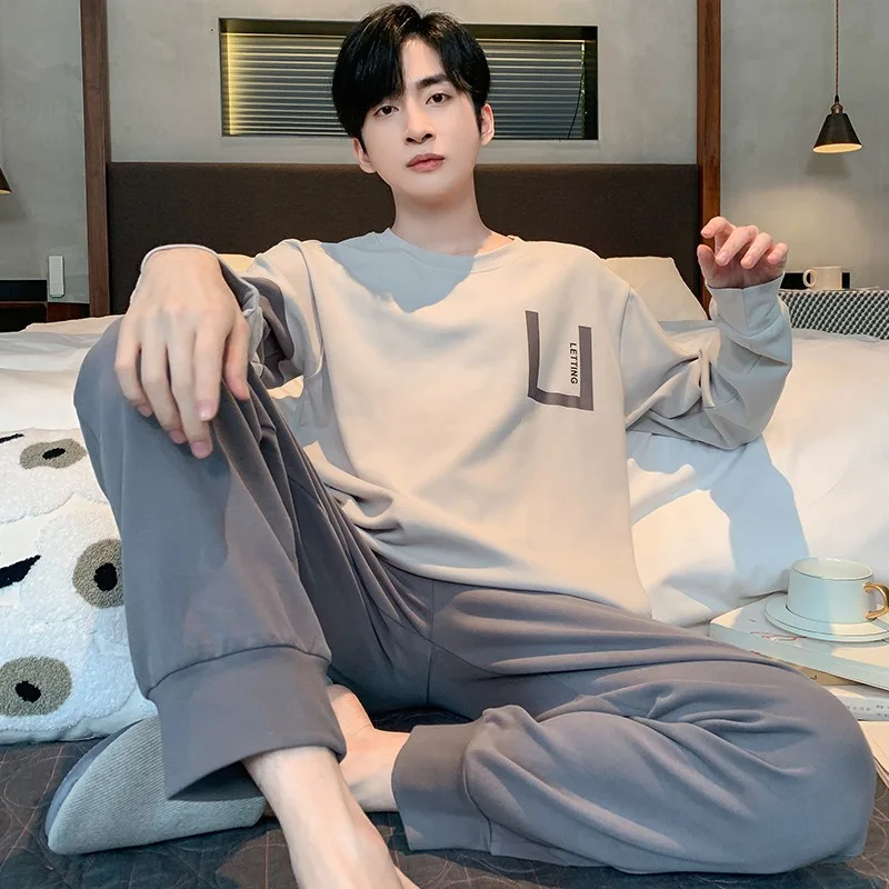 Plus Size Men Pajamas Striped Long Sleeve Long Pants Crew Neck Soft Breathable Teen Student Loungewear Two-Piece Cartoon Letter - Image 2