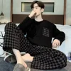 Plus Size Men Pajamas Striped Long Sleeve Long Pants Crew Neck Soft Breathable Teen Student Loungewear Two-Piece Cartoon Letter