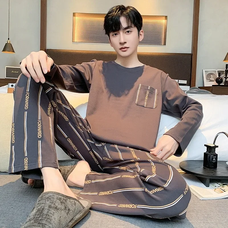 Plus Size Men Pajamas Striped Long Sleeve Long Pants Crew Neck Soft Breathable Teen Student Loungewear Two-Piece Cartoon Letter - Image 3