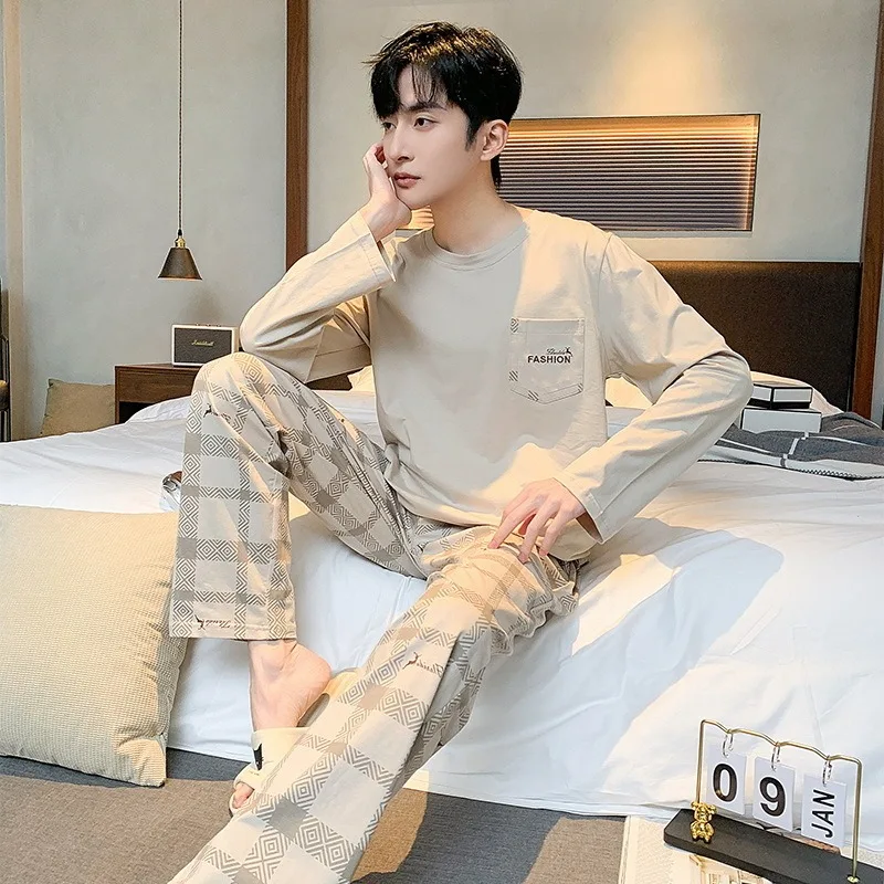 Plus Size Men Pajamas Striped Long Sleeve Long Pants Crew Neck Soft Breathable Teen Student Loungewear Two-Piece Cartoon Letter - Image 4