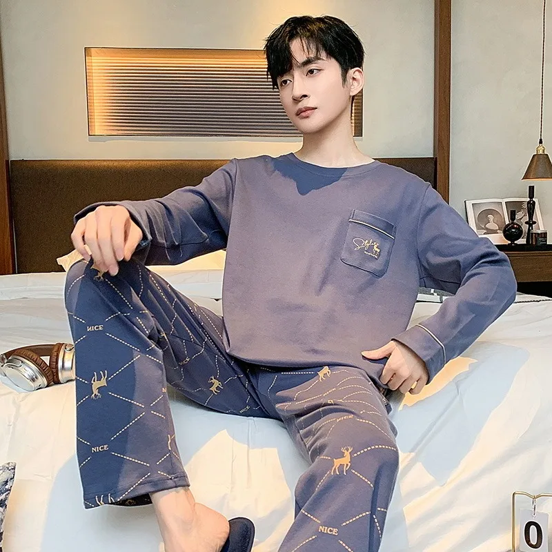 Plus Size Men Pajamas Striped Long Sleeve Long Pants Crew Neck Soft Breathable Teen Student Loungewear Two-Piece Cartoon Letter - Image 5