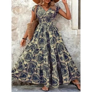 Plus Size Women's Bohemian Floral Print V-Neck Short Sleeve Dress Oversized Ruffled Skirt For Women Casual A-line Long Dresses