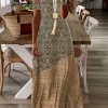 Plus size European and American cross-border summer new hot sale v-neck cut-out bohemian fashion printed dress long skirt