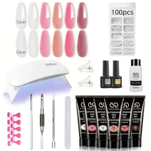 Poly Gel Extension Tool Set, Including 30ml of Cleaner fluid, 7.5ml Base Coat and Top Coat， Nail Mold, Nail Clip And Nail Brush