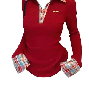 Preppy Polo Neck Plaid Long sleeve T shirt Women Fake Two-piece Basic Top V neck Button Blouses Tees Embroidery High-quality
