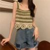 Retro Fashion Knitted Crop Top Sleeveless Vest Embroidery Pattern Tank Top Summer Elegant Short Top Camisoles