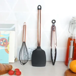 Rose Gold Silicone Cooking Utensils 3 Pc Kitchen Utensil Set Easy to Clean for Nonstick Cookware Gadgets Set-Whisk Tong Turner