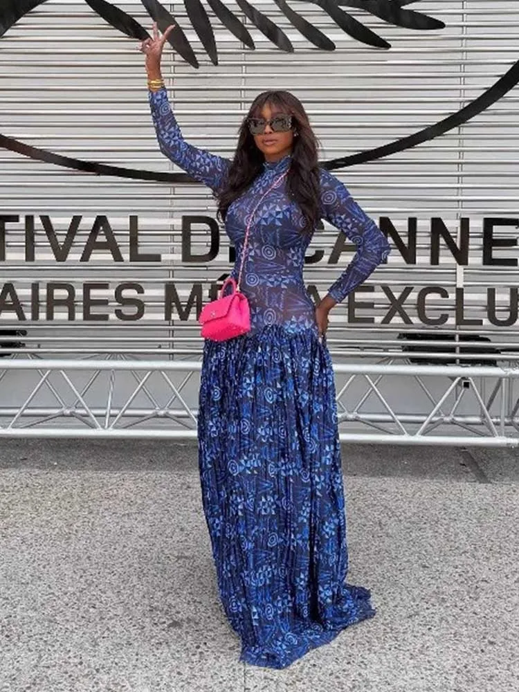 Royal Blue Dress for Women Mid-turtleneck High Waist Transparent Light Long Dress with Sleeves Streetwear Pleated Maxi Dress - Image 2