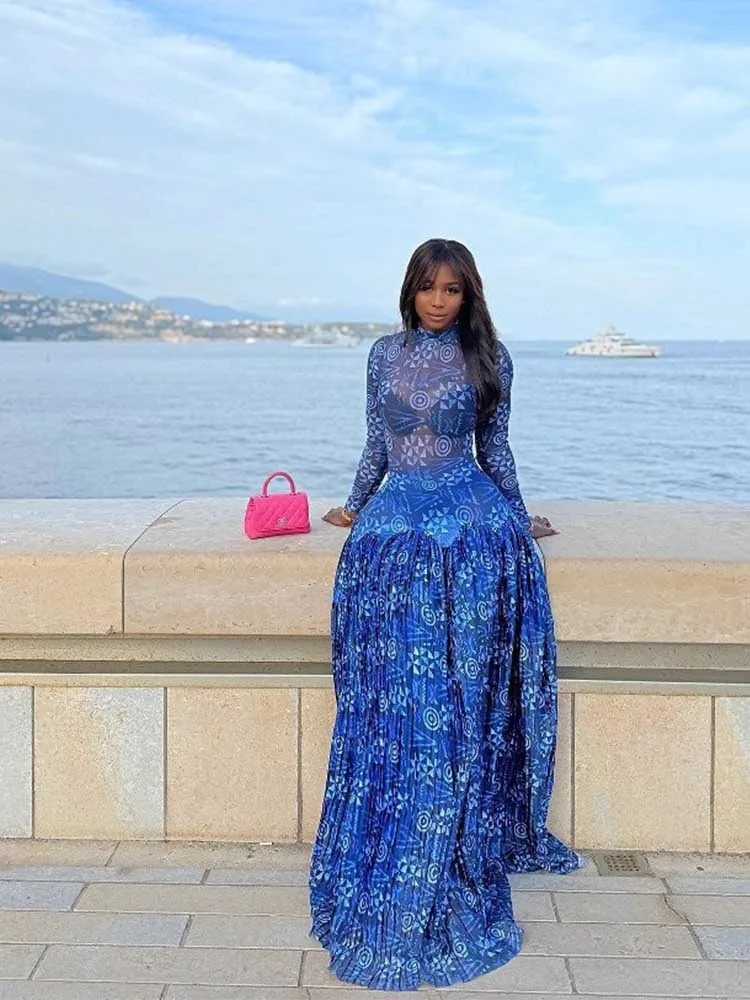 Royal Blue Dress for Women Mid-turtleneck High Waist Transparent Light Long Dress with Sleeves Streetwear Pleated Maxi Dress - Image 5