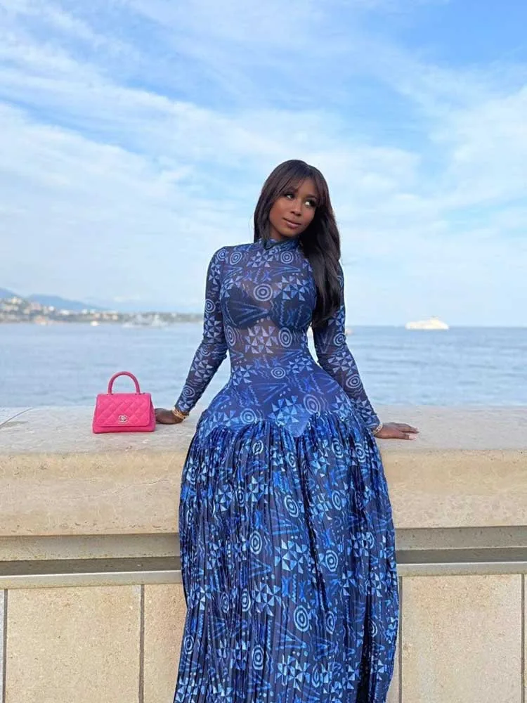 Royal Blue Dress for Women Mid-turtleneck High Waist Transparent Light Long Dress with Sleeves Streetwear Pleated Maxi Dress - Image 4
