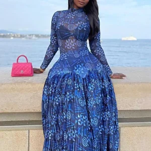 Royal Blue Dress for Women Mid-turtleneck High Waist Transparent Light Long Dress with Sleeves Streetwear Pleated Maxi Dress