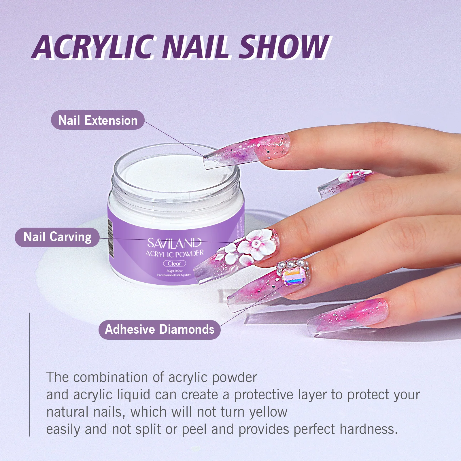 SAVILAND Acrylic Nail Kit Nails Art Decoration Acrylic Powder and Liquid Crystal Nail Glitter 3D Nail Tips Carving Tools - Image 3