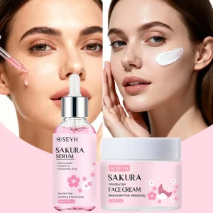 SEYH Sakura Facial Essence + Moisturizer 2pcs Set Day & Night Skincare Combo with Retinol Aloe Vera & Sakura Extracts 72H Hydrat