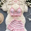 SINGREINY Beach Vacation Knit 2pcs Suits Women Halter Sleeveless Lace Up Camis+Elastic Waist Shorts Hook Flower Hollow 2pcs Set