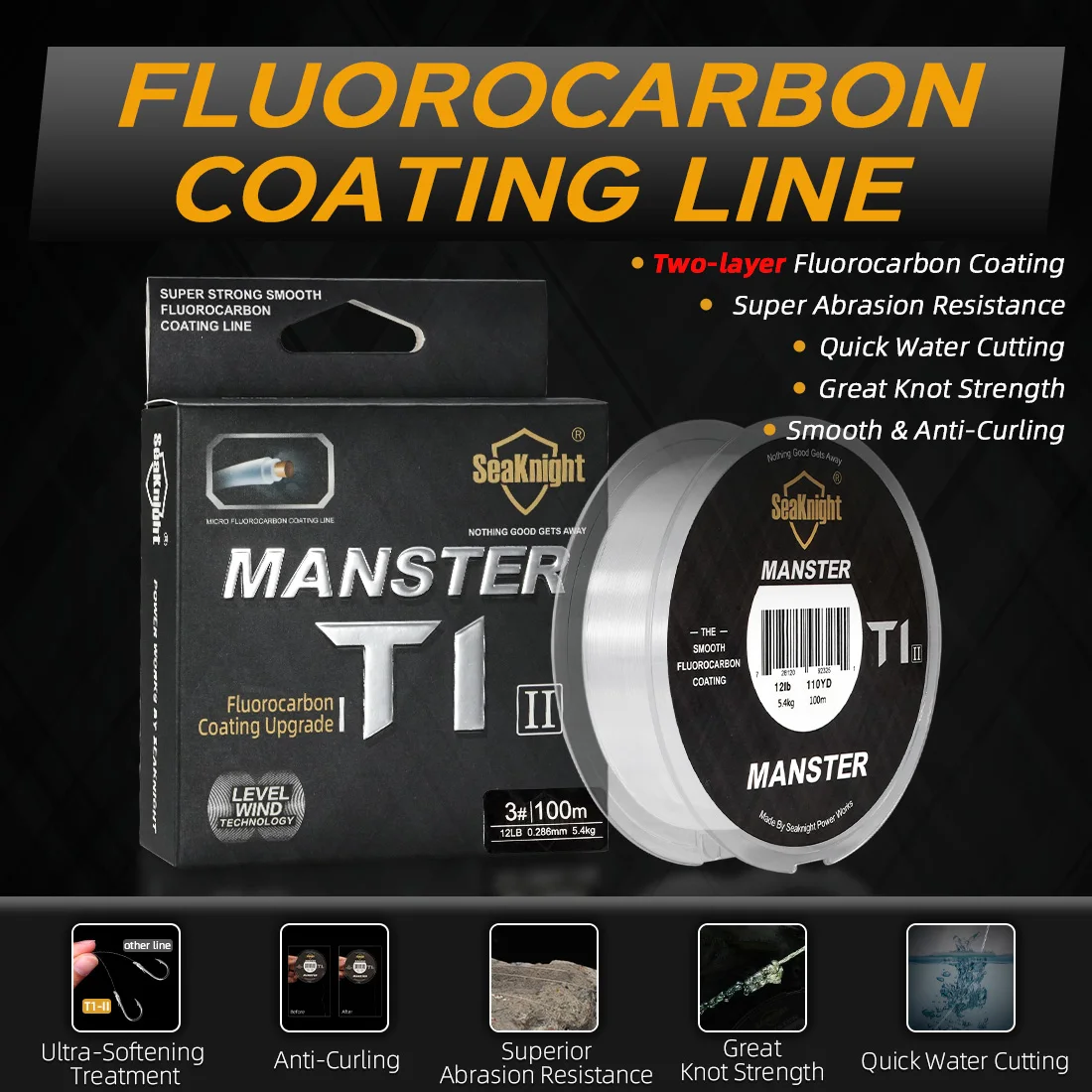 SeaKnight Brand MANSTER T1 II Series Two-layer Fluorocarbon Coating Fishing Line 100M 50M Fast Sinking Line Stronger 3-100LB